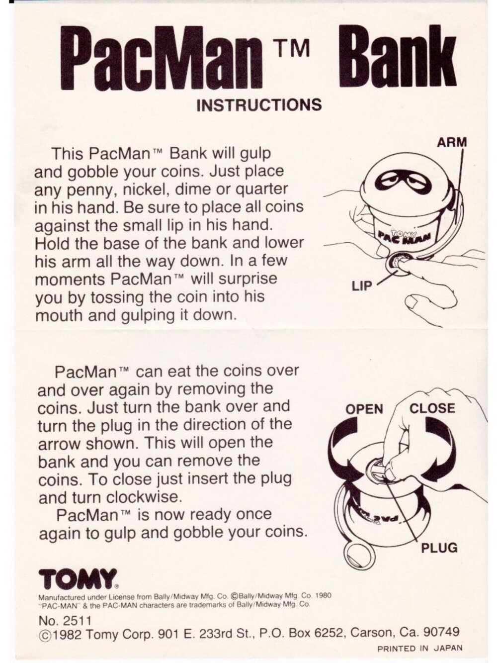 1982 Pac-Man Bank Instructions Tomy Original Insert Sheet Bally Midway Japan